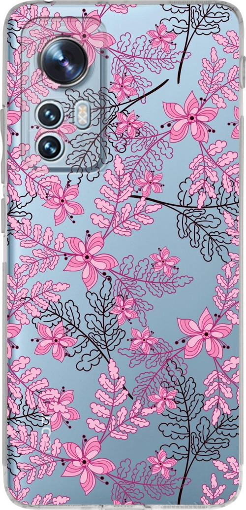 Xiaomi Mi 12 Uyumlu Kamera Korumalı Kapak Floral Pembe Tasarımlı Şeffaf Silikon Kılıf