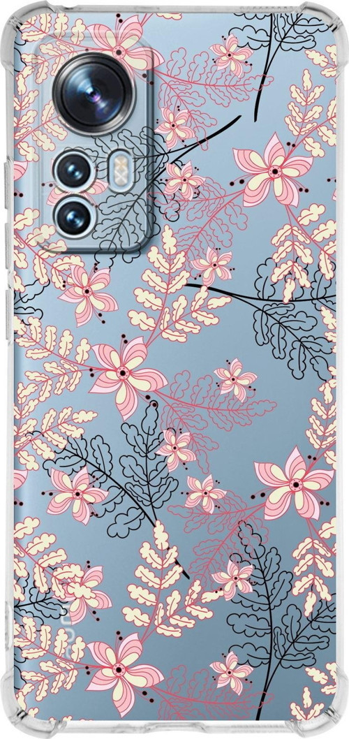 Xiaomi Mi 12 Pro Uyumlu Köşe Korumalı Antişok Kapak Floral Kırmızı Tasarımlı Şeffaf Kılıf