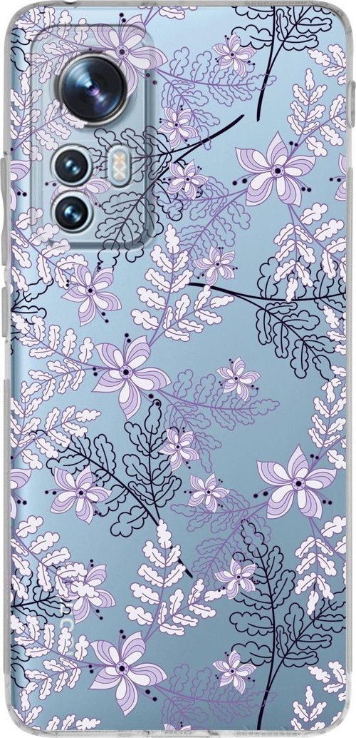 Xiaomi Mi 12 Uyumlu Kamera Korumalı Kapak Floral Lila Tasarımlı Şeffaf Silikon Kılıf