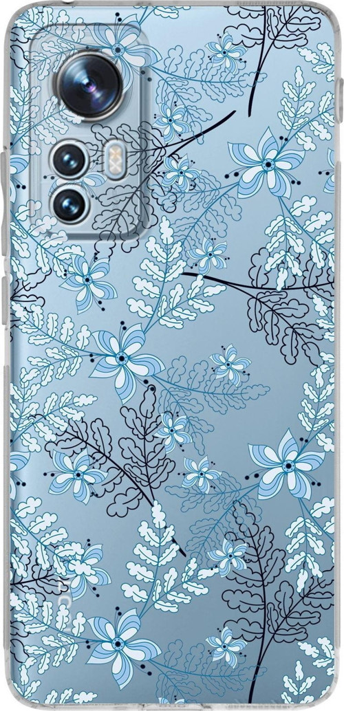 Xiaomi Mi 12 Uyumlu Kamera Korumalı Kapak Floral Mavi Tasarımlı Şeffaf Silikon Kılıf