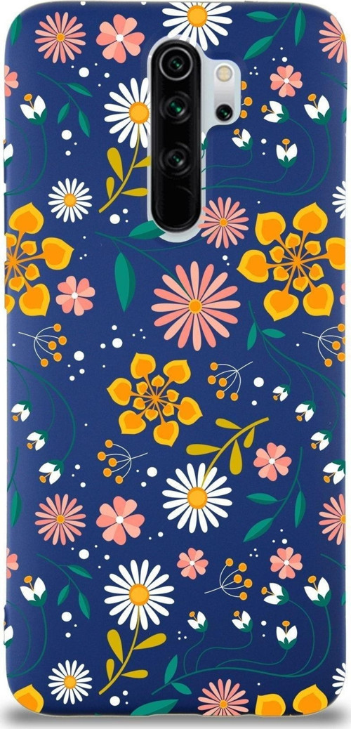 Xiaomi Redmi Note 8 Pro Uyumlu Lansman Kılıf Çiçek Tasarımlı Içi Kadife Kapak-Lacivert