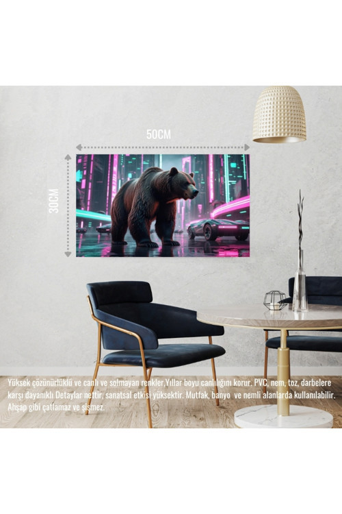 Siber Punk Dünyasında Heybetli Duran Ayı Neon Işıklar Altında 06 Çerçevesiz 50X30 Cm Pvc Tablo