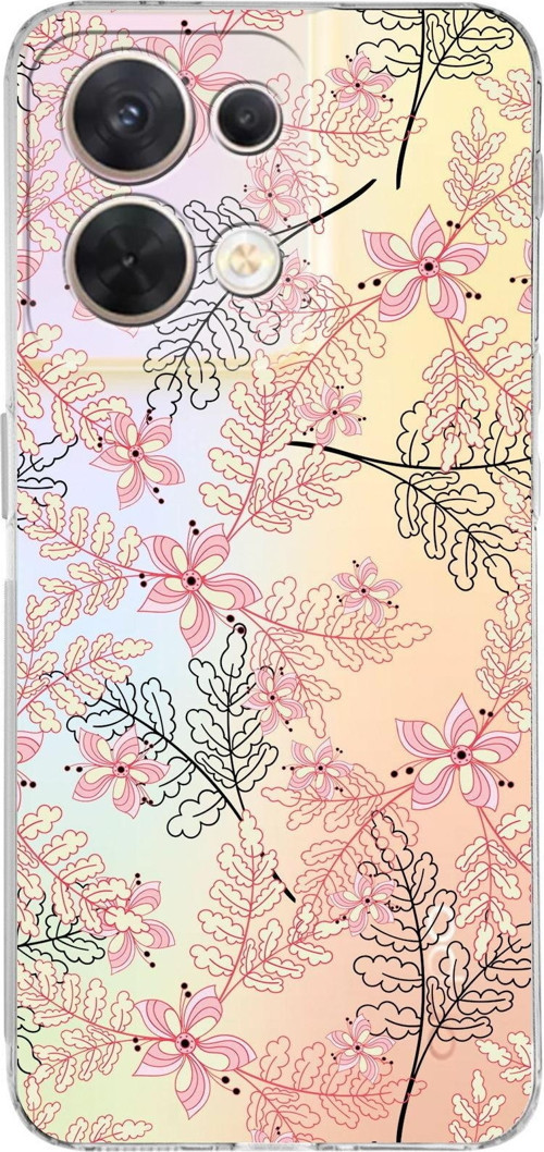 Huawei Reno 8 Uyumlu Kamera Korumalı Kapak Floral Kırmızı Tasarımlı Şeffaf Silikon Kılıf