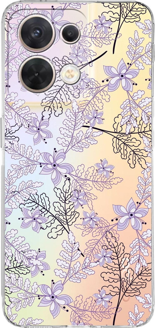 Huawei Reno 8 Uyumlu Kamera Korumalı Kapak Floral Lila Tasarımlı Şeffaf Silikon Kılıf