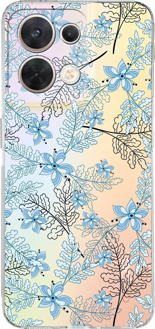 Huawei Reno 8 Uyumlu Kamera Korumalı Kapak Floral Mavi Tasarımlı Şeffaf Silikon Kılıf
