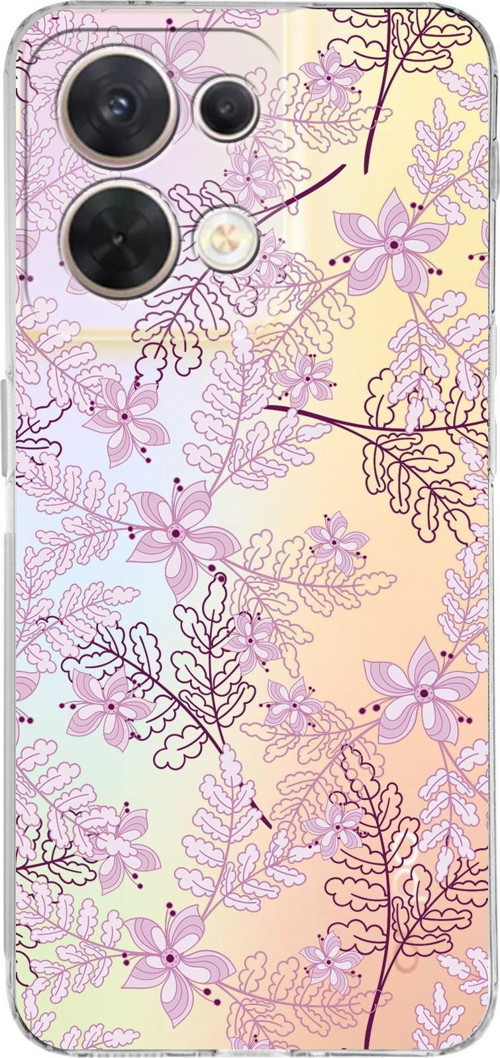 Huawei Reno 8 Uyumlu Kamera Korumalı Kapak Floral Pudra Tasarımlı Şeffaf Silikon Kılıf