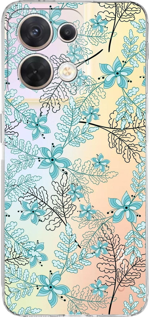 Huawei Reno 8 Uyumlu Kamera Korumalı Kapak Floral Su Yeşili Tasarımlı Şeffaf Silikon Kılıf