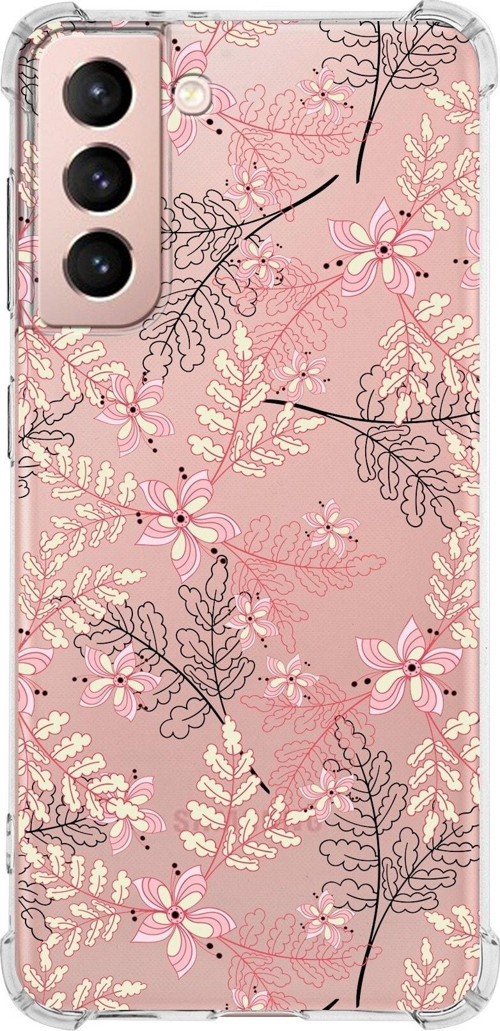 Samsung Galaxy S21 Köşe Korumalı Antişok Kapak Floral Kırmızı Tasarımlı Şeffaf Kılıf