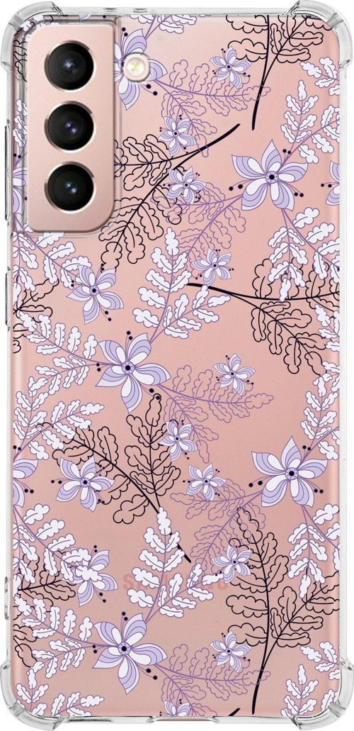 Samsung Galaxy S21 Köşe Korumalı Antişok Kapak Floral Lila Tasarımlı Şeffaf Kılıf