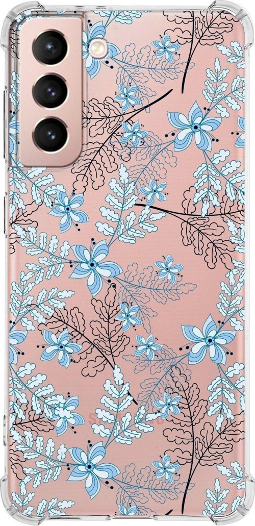Samsung Galaxy S21 Köşe Korumalı Antişok Kapak Floral Mavi Tasarımlı Şeffaf Kılıf