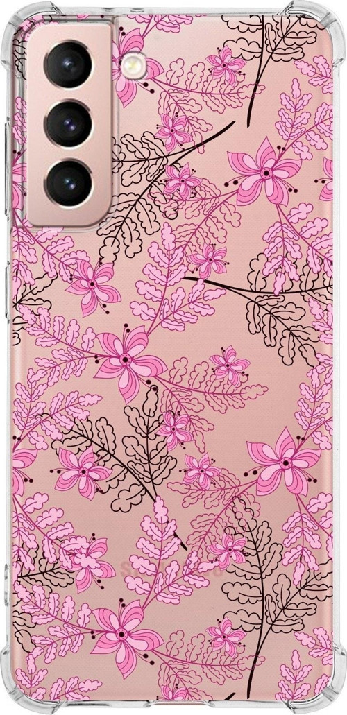 Samsung Galaxy S21 Köşe Korumalı Antişok Kapak Floral Pembe Tasarımlı Şeffaf Kılıf