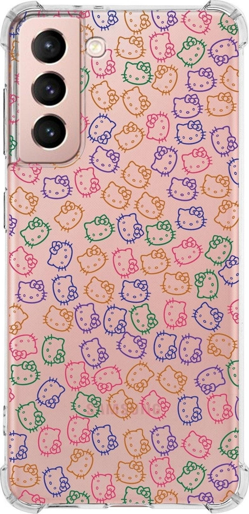 Samsung Galaxy S21 Köşe Korumalı Antişok Kapak Hello Kitty Tasarımlı Şeffaf Silikon Kılıf