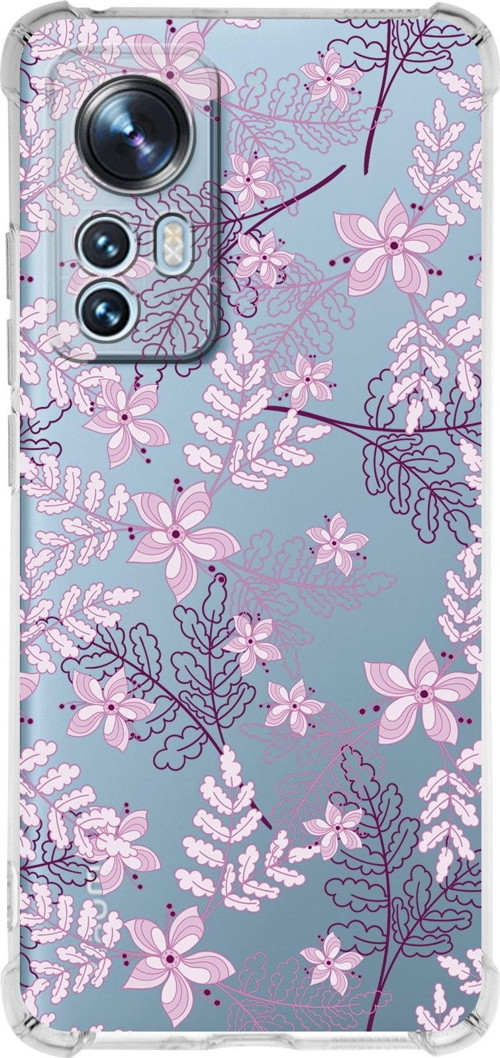 Xiaomi Mi 12 Pro Uyumlu Köşe Korumalı Antişok Kapak Floral Pudra Tasarımlı Şeffaf Kılıf