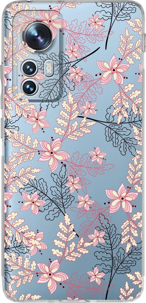 Xiaomi Mi 12 Uyumlu Kamera Korumalı Kapak Floral Kırmızı Tasarımlı Şeffaf Silikon Kılıf