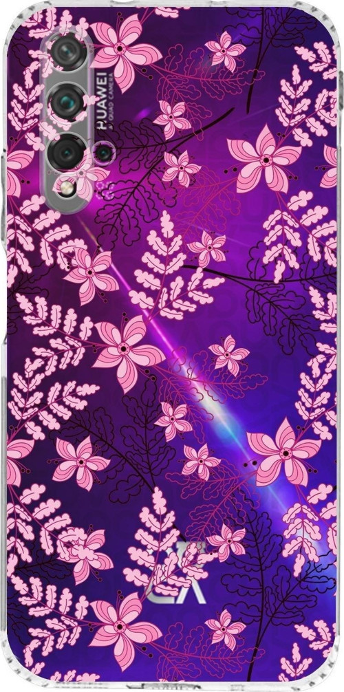Huawei Nova 5T Kamera Korumalı Kapak Floral Pembe Tasarımlı Şeffaf Kılıf