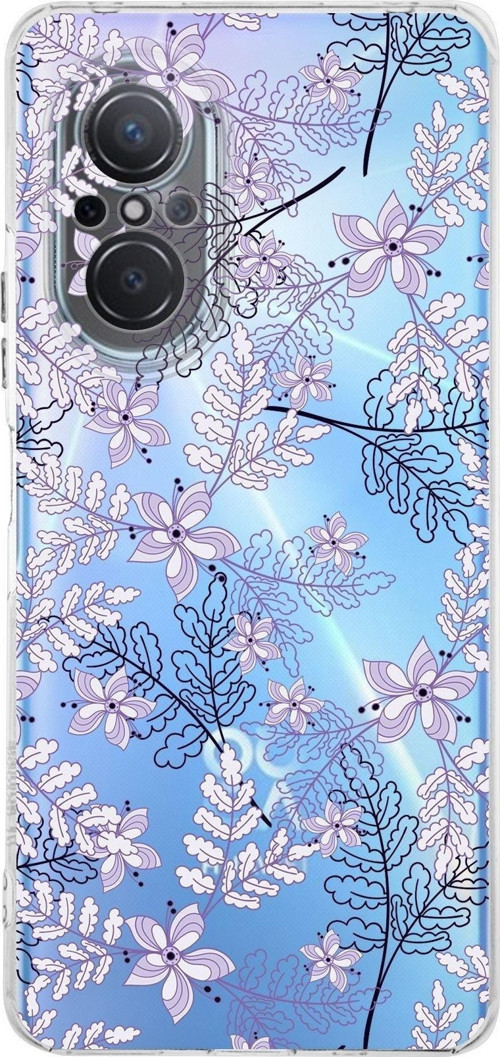 Huawei Nova 9 Se Kamera Korumalı Kapak Floral Lila Tasarımlı Şeffaf Kılıf