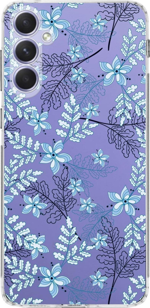 Samsung Galaxy A54 Kamera Korumalı Kapak Floral Mavi Tasarımlı Şeffaf Kılıf