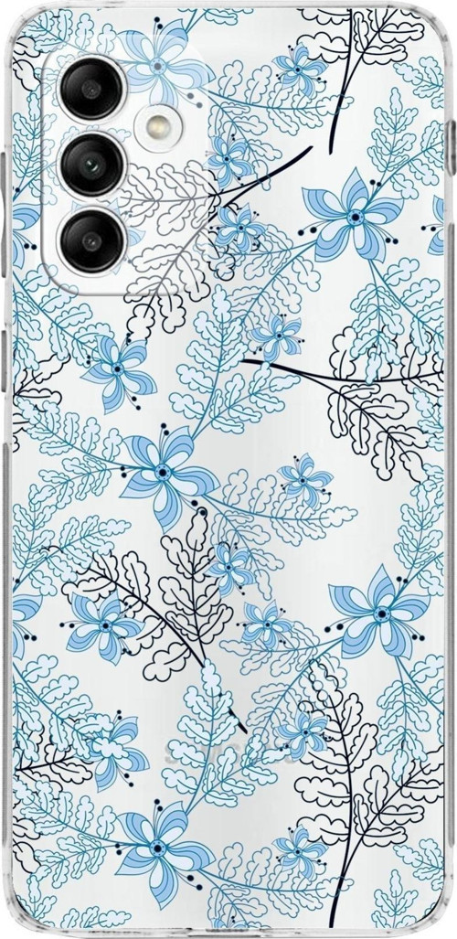 Samsung Galaxy M23 Kamera Korumalı Kapak Floral Mavi Tasarımlı Şeffaf Kılıf