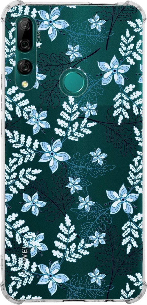 Huawei Y9 Prime 2019 Köşe Korumalı Antişok Kapak Floral Mavi Tasarımlı Şeffaf Kılıf