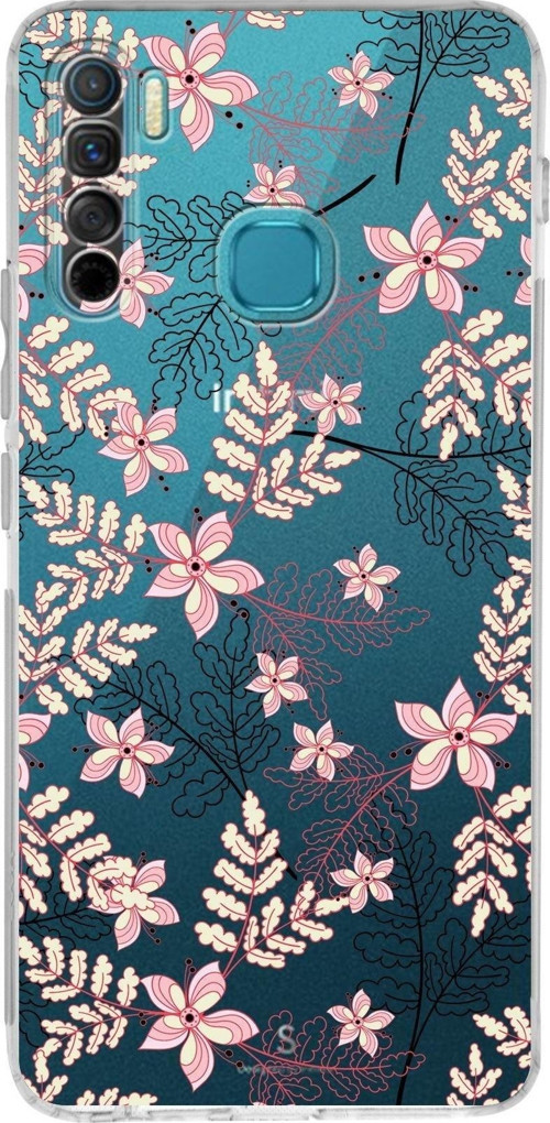 Infinix S5 Lite Uyumlu Kamera Korumalı Kapak Floral Kırmızı Tasarımlı Şeffaf Silikon Kılıf