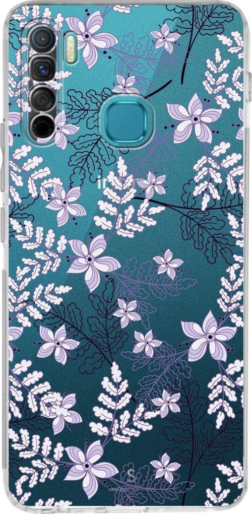 Infinix S5 Lite Uyumlu Kamera Korumalı Kapak Floral Lila Tasarımlı Şeffaf Silikon Kılıf