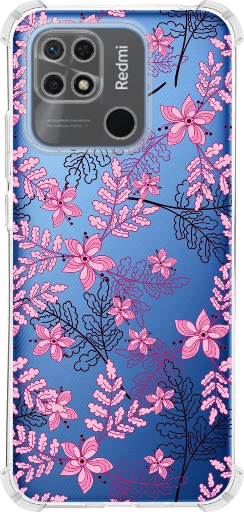 Redmi 10C Köşe Korumalı Antişok Kapak Floral Pembe Tasarımlı Şeffaf Kılıf