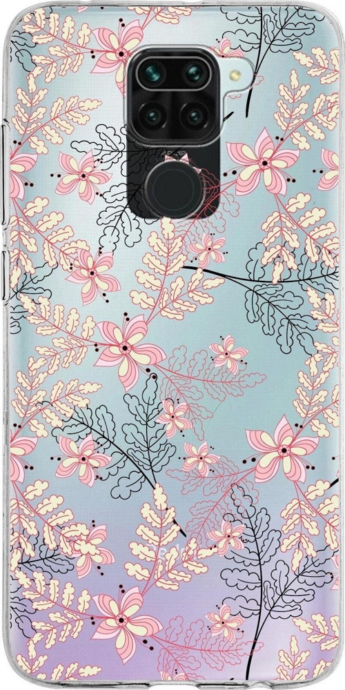 Xiaomi Redmi Note 9 Uyumlu Kapak Floral Kırmızı Tasarımlı Şeffaf Silikon Kılıf