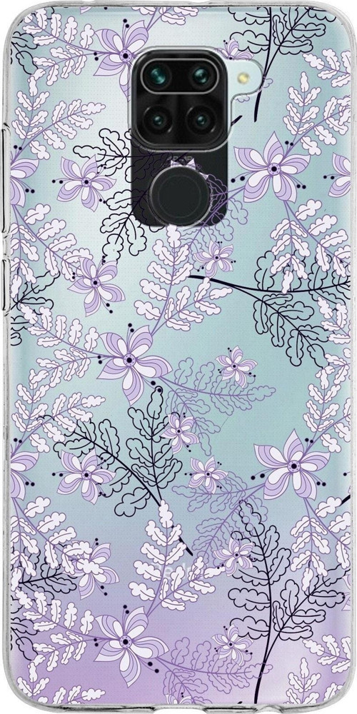 Xiaomi Redmi Note 9 Uyumlu Kapak Floral Lila Tasarımlı Şeffaf Silikon Kılıf