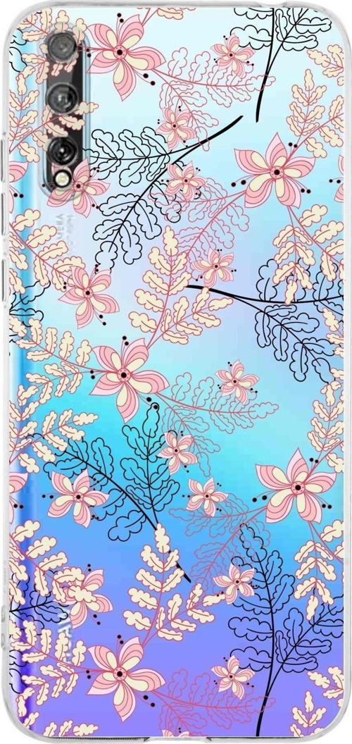 Huawei P Smart S Kamera Korumalı Kapak Floral Kırmızı Tasarımlı Şeffaf Kılıf
