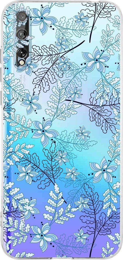 Huawei P Smart S Kamera Korumalı Kapak Floral Mavi Tasarımlı Şeffaf Kılıf