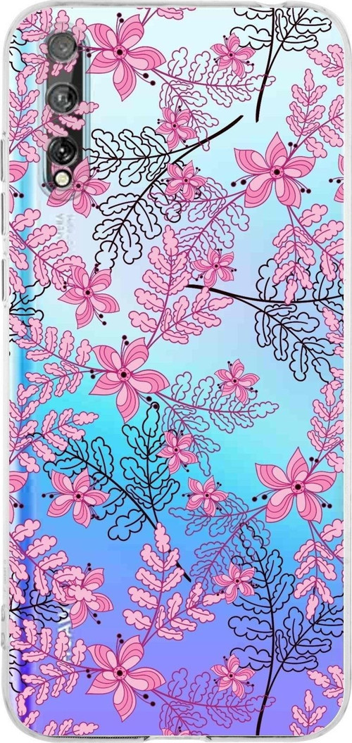Huawei P Smart S Kamera Korumalı Kapak Floral Pembe Tasarımlı Şeffaf Kılıf