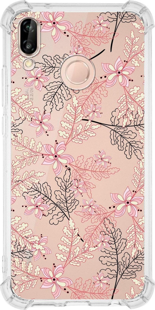 Huawei P20 Lite Köşe Korumalı Antişok Kapak Floral Kırmızı Tasarımlı Şeffaf Kılıf