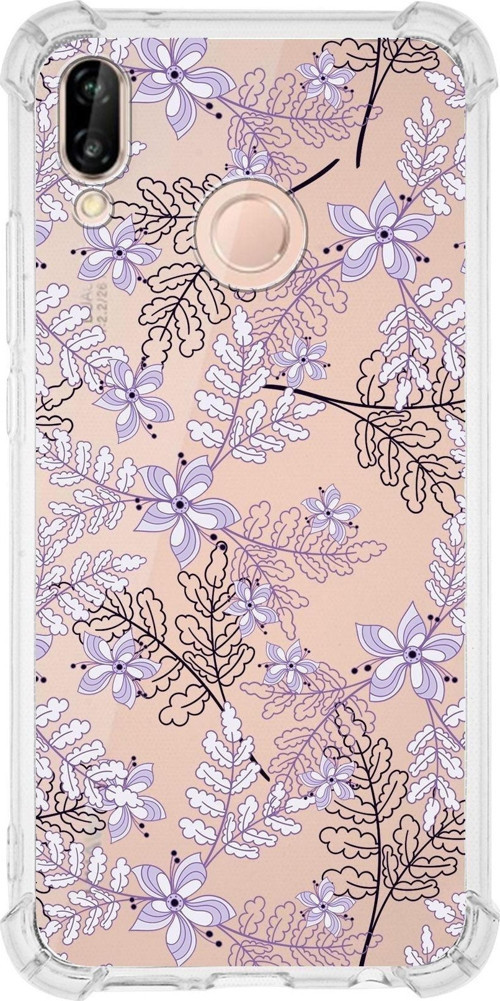 Huawei P20 Lite Köşe Korumalı Antişok Kapak Floral Lila Tasarımlı Şeffaf Kılıf