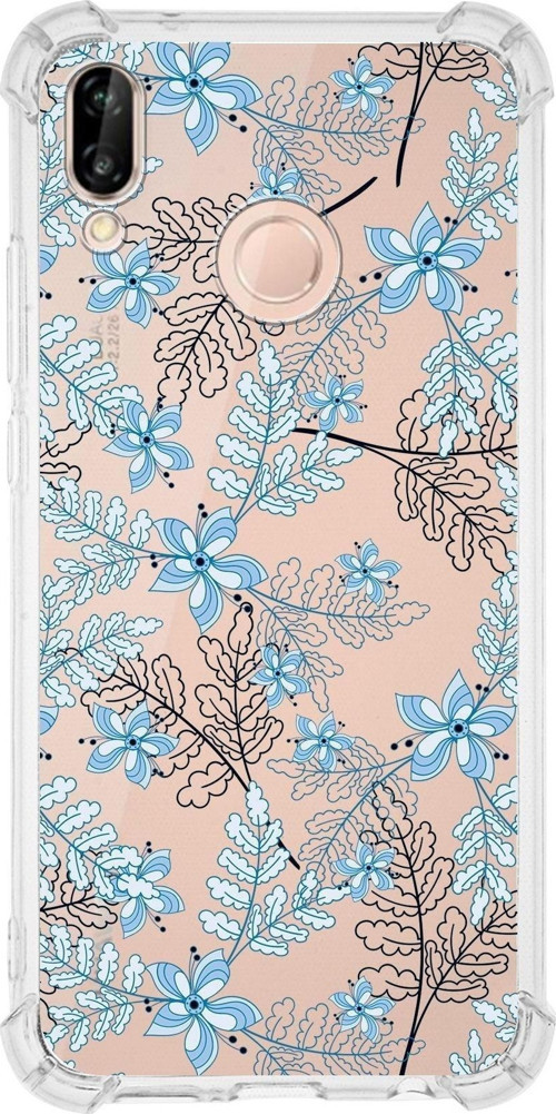 Huawei P20 Lite Köşe Korumalı Antişok Kapak Floral Mavi Tasarımlı Şeffaf Kılıf