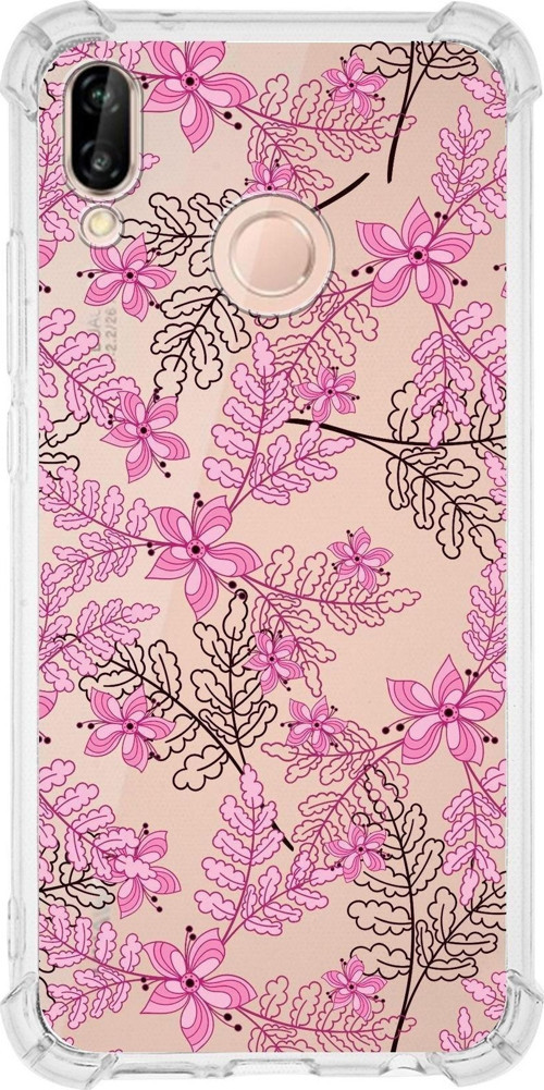 Huawei P20 Lite Köşe Korumalı Antişok Kapak Floral Pembe Tasarımlı Şeffaf Kılıf