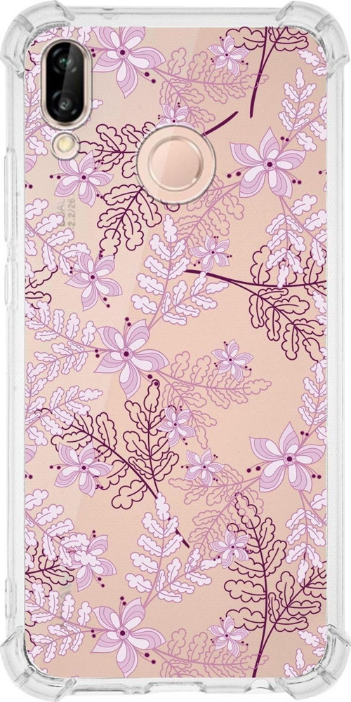 Huawei P20 Lite Köşe Korumalı Antişok Kapak Floral Pudra Tasarımlı Şeffaf Kılıf
