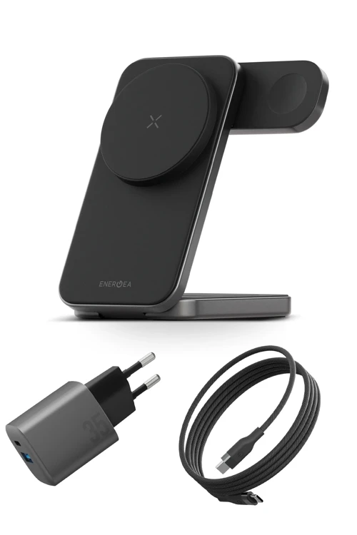 Essential Kit GaN 35W Adaptör 3in1 Kablosuz Şarj Standı ve 100W Type-C to Type-C Kablolu Set