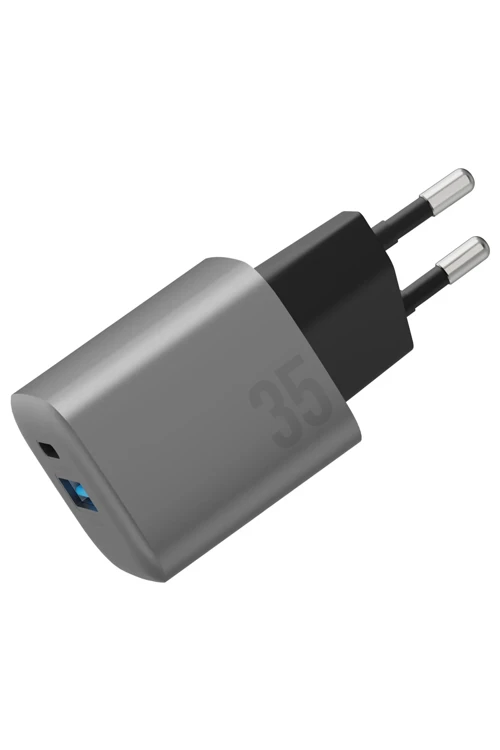 AmpCharge GaN35 35W Type-C ve 30W USB 3.0 Çıkışlı Hızlı Şarj Aleti - Koyu Gri