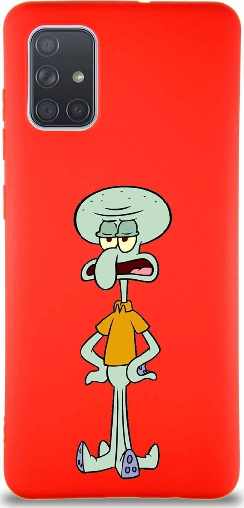 Samsung Galaxy A71 Soft Premier Kapak Squidward Dokunaç Tasarımlı Silikon Kılıf - Kırmızı