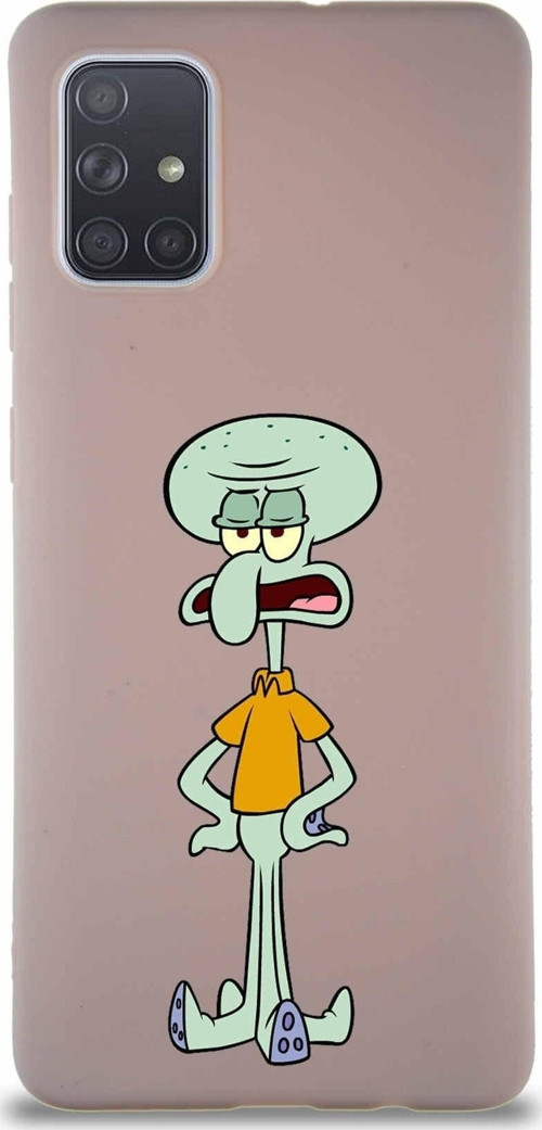 Samsung Galaxy A71 Soft Premier Kapak Squidward Dokunaç Tasarımlı Silikon Kılıf - Pudra