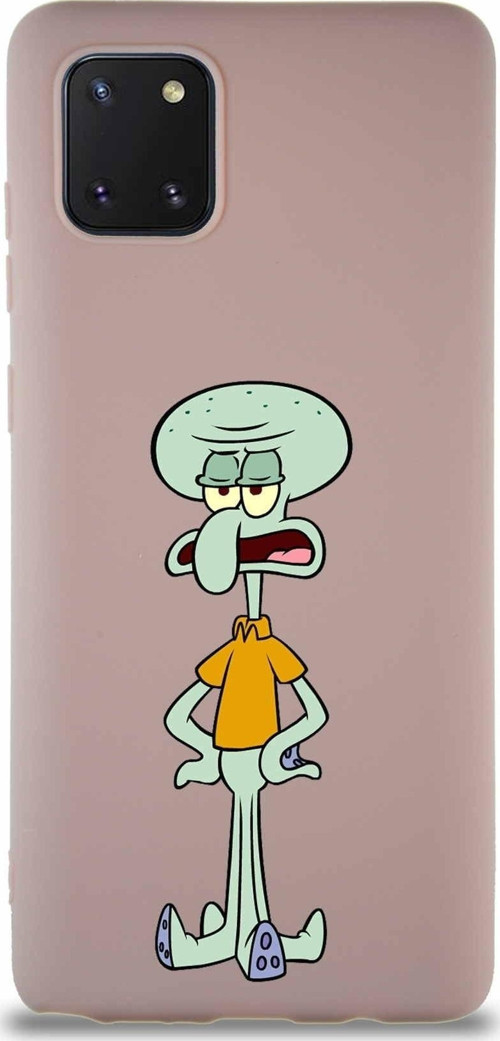 Samsung Galaxy A81 Soft Premier Kapak Squidward Dokunaç Tasarımlı Silikon Kılıf - Pudra