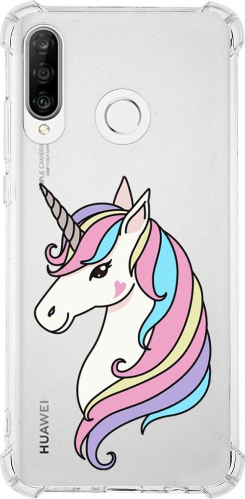 Huawei P30 Lite Uyumlu Köşe Korumalı Antişok Kapak Unicorn Tasarımlı Şeffaf Kılıf