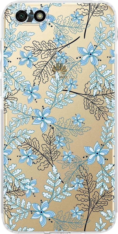 Huawei Y5 2018 Kamera Korumalı Kapak Floral Mavi Tasarımlı Şeffaf Kılıf