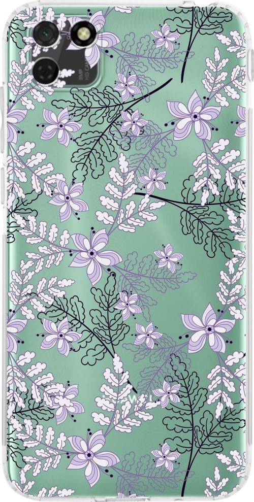 Huawei Y5 P Kamera Korumalı Kapak Floral Lila Tasarımlı Şeffaf Kılıf