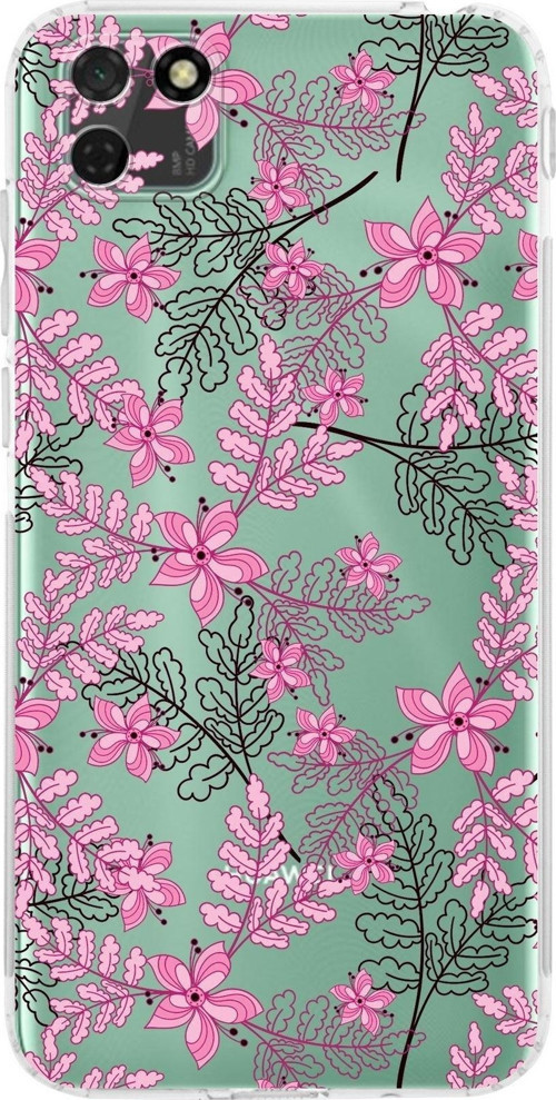 Huawei Y5 P Kamera Korumalı Kapak Floral Pembe Tasarımlı Şeffaf Kılıf