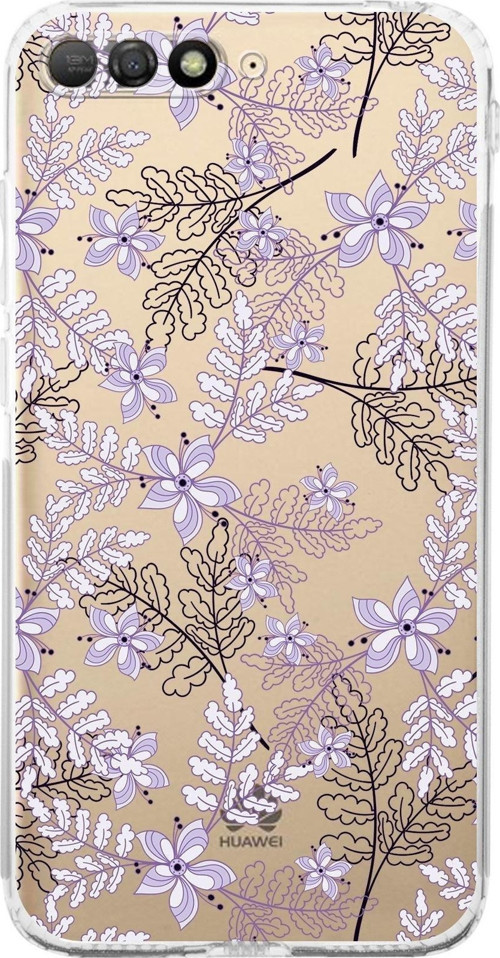 Huawei Y6 2018 Kamera Korumalı Kapak Floral Lila Tasarımlı Şeffaf Kılıf