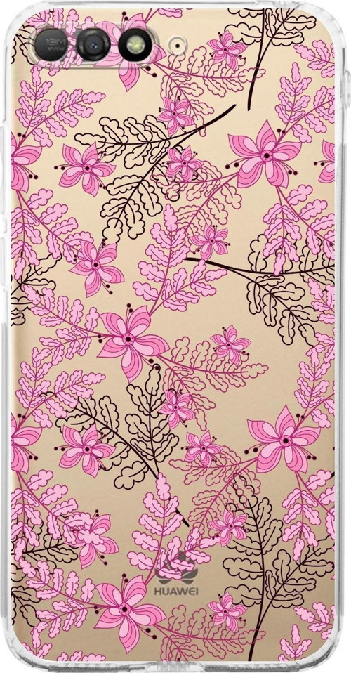Huawei Y6 2018 Kamera Korumalı Kapak Floral Pembe Tasarımlı Şeffaf Kılıf
