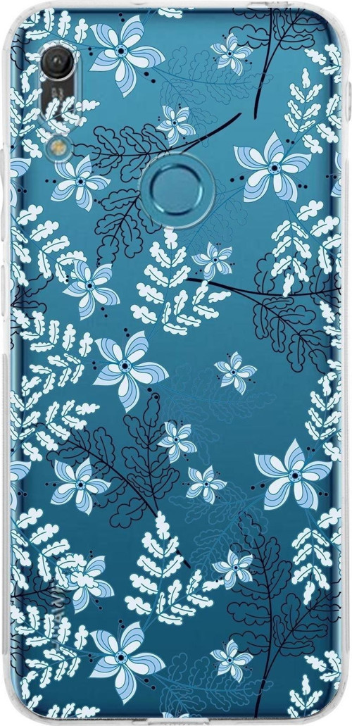 Huawei Y6 Pro 2019 Kamera Korumalı Kapak Floral Mavi Tasarımlı Şeffaf Kılıf