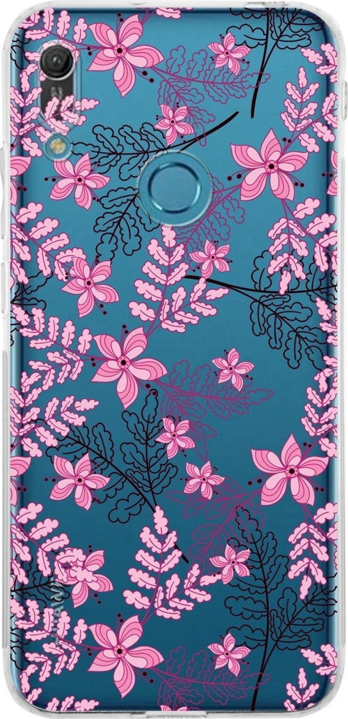 Huawei Y6 Pro 2019 Kamera Korumalı Kapak Floral Pembe Tasarımlı Şeffaf Kılıf