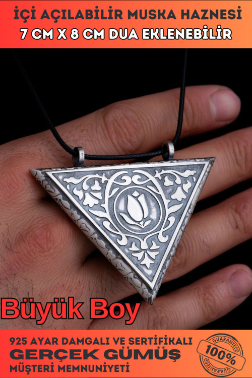 Erkek Gümüş Kolye - En Büyük Boy Lale Motifli Gümüş Erkek Muska Kolye Cevşen Haznesi
